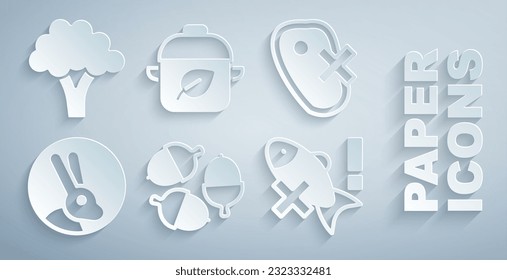 Set Acorn, No meat, Rabbit, fish, Vegan food diet and Broccoli icon. Vector