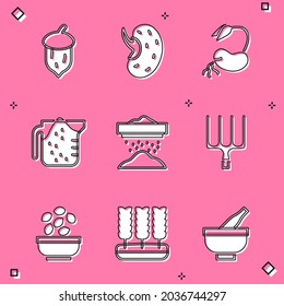 Set Acorn, oak nut, seed, Seed, Sprout, Measuring cup, Sifting flour, Garden pitchfork, Seeds bowl and Wheat icon. Vector