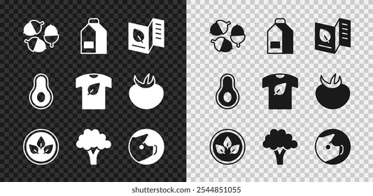 Conjunto de bellota, paquete de papel para la leche, menú de alimentos vegetarianos, dieta vegana, brócoli, cerdo, aguacate, fruta y icono de la camisa. Vector