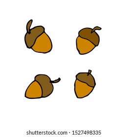 Set of acorns. Hand drawing sketch. Colorful outline on white background. Picture can be used in advertisement, posters, flyers, banners, logo, further design etc. Vector illustration. EPS10