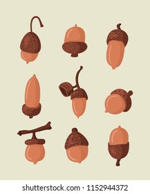 Set of acorns. Hand drawn style. Vector illustration.