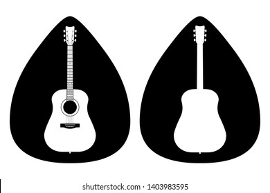 A set of acoustic classic guitars of black on white background. String musical instruments. Cute flat cartoon style. Vector illustration