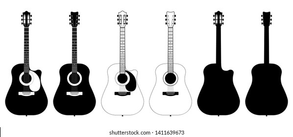 A set of acoustic classic guitars of lack on white background. String musical instruments. Cute flat cartoon style. Vector illustration