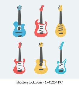 Set of acoustic and electric guitars on light background. String musical instruments on cute flat cartoon style. Vector illustration