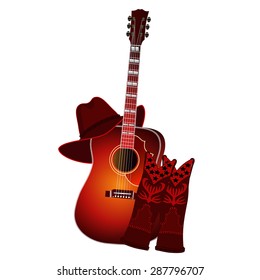 Set of acoustic guitar, cowboy boots and cowboy hat isolated on white background. Country music elements. Music background. EPS10 vector illustration