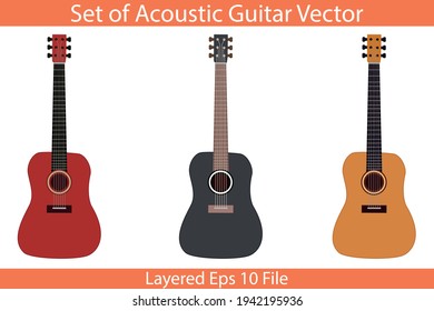 Set of acoustic guitar vector on isolated white background. A hand-drawn cartoon design of brown, black, and, red guitars. Vintage music concept for poster, flyer, websites, banner, brochure. 