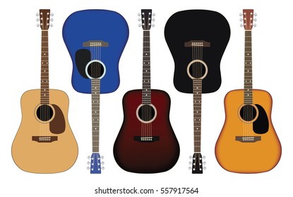Set of acoustic guitars in different colors. Vector illustration.