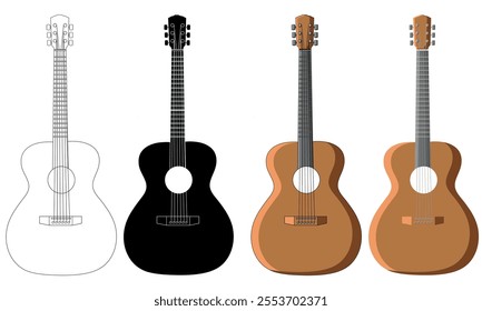 Set of Acoustic guitars with different designs isolated on a white background, music design element