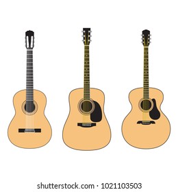 Set of acoustic guitars isolated on white background. Popular types of guitars housing. Orchestra model. Dreadnought. Jumbo.