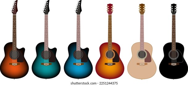 The set of acoustic guitars isolated on white background