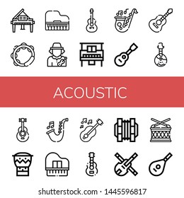 Set of acoustic icons such as Piano, Tambourine, Musician, Guitar, Saxophone, Viola, Domra, Acoustic guitar, Bongo, Concertina, Violin, Drum, Lute , acoustic