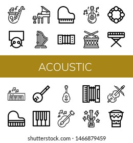 Set of acoustic icons such as Saxophone, Drums, Grand piano, Harp, Piano, Harmonic, Guitar, Drum, Tambourine, Banjo, Accordion, Bass guitar, Cello, Bongo , acoustic