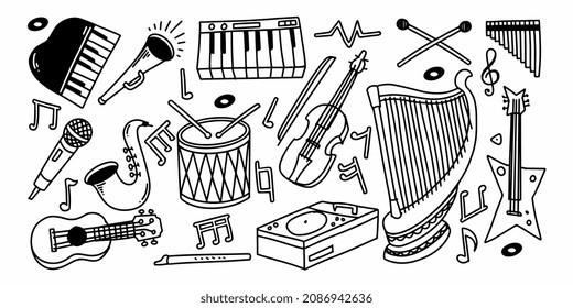 Set of acoustic music elements in childish doodle hand drawn style isolated on white background.