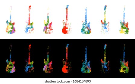 Set of acoustic musical rock guitars in bright colorful style. Web logo, design element on black and white backgrounds