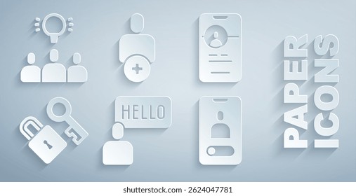 Defina Conhecimento, Namoro app online, Bloquear com chave, Chamada de entrada móvel, Adicionar ao amigo e Projeto ícone base da equipe. Vetor
