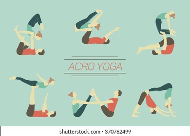 Set of acro yoga poses. Couple practicing asanas.