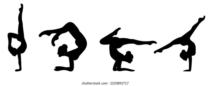 Set of acrobatic poses vector silhouettes of girls. Icons of woman in gymnastics handstands. Yoga and acrobatic illustration on white background, vector.