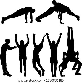Set of acrobats in different stances silhouette on a white background