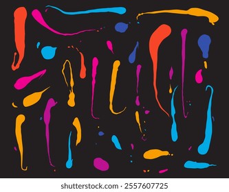 Set of acrylic abstract expressionism splatter. Style of drip painting. Colored art splatter. Vector Illustration splatter color background. Bright splash splatter stain brush strokes. Vibrant spots.