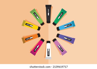 Set of acrylic paints laid out in a circle. Various color art supplies vector illustration,.