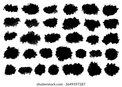 Set of acrylic stains with uneven smudged torn flowing edges. Vector hand drawn illustration of isolated brush strokes, textured spots for background, pattern.