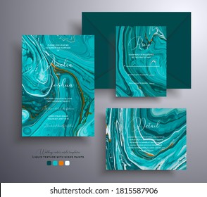 Set of acrylic wedding invitations with stone texture. Mineral vector cards with marble effect and swirling paints, turquoise, white and orange colors. Designed for greeting cards, packaging and etc.