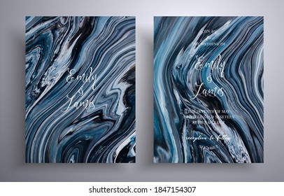 Conjunto de invitaciones de boda acrílicas con textura de piedra. Agate las cubiertas vectoriales con efecto de mármol y lugar para el texto, negro, azul marino y blanco. Diseñado para carteles, folletos, etc.