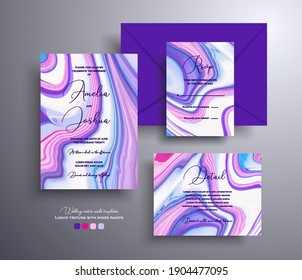 Set of acrylic wedding invitations with stone texture. Agate vector cards with marble effect and swirling paints, blue, pink and white colors. Designed for posters, packaging and etc.