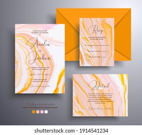 Conjunto de invitaciones de boda acrílicas con textura de piedra. Agate tarjetas vectoriales con efecto de mármol y pinturas giratorias, colores naranja, amarillo y coral. Diseñado para carteles, folletos, etc.