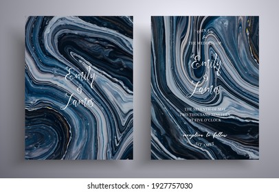 Set of acrylic wedding invitations with stone texture. Mineral vector cards with marble effect and swirling paints, black, navy blue and white colors. Designed for greeting cards, packaging and etc.