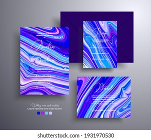 Set of acrylic wedding invitations with stone texture. Mineral vector cards with marble effect and swirling paints, blue, lilac and aquamarine colors. Designed for greeting cards, packaging and etc.