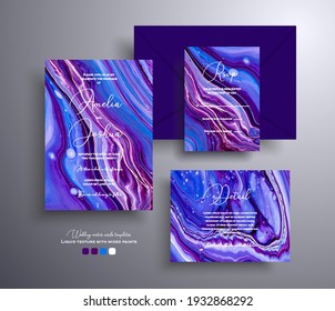 Set of acrylic wedding invitations with stone texture. Agate vector cards with marble effect and swirling paints, purple, blue and navy blue colors. Designed for greeting cards, packaging and etc.