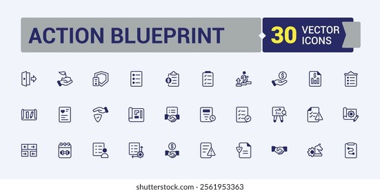 Set of Action Blueprint line icons. Includes thin line professional, analysis, check, business, list and more. Thin outline icons pack. Vector illustration in modern line style.