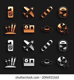 Set Action camera, Airplane window, Globe with flying, Elegant women hat, Ski and sticks, Snowboard, Please not disturb and Plane icon. Vector