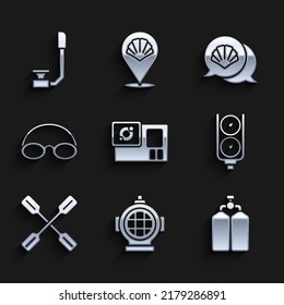 Set Action camera, Aqualung, Gauge scale, Paddle, Glasses and cap, Scallop sea shell and Snorkel icon. Vector
