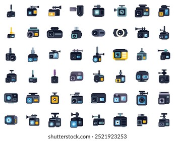 Set of action camera and car dvr icons showing different models and functionality of devices for shooting video