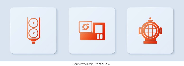 Set Action camera, Gauge scale and Aqualung. White square button. Vector