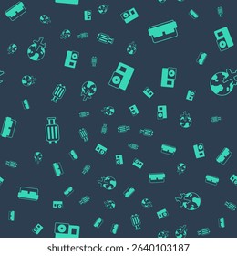 Set Action camera, Hotel room bed, Suitcase and Globe with flying plane on seamless pattern. Vector