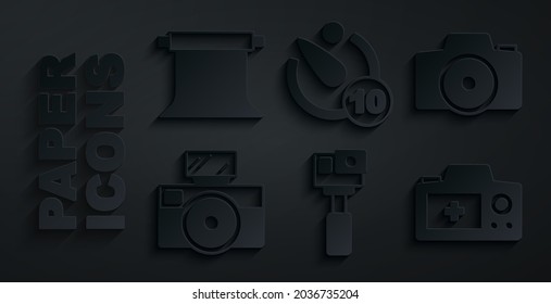 Set Action camera, Photo, with flash, Camera timer and Empty photo studio icon. Vector