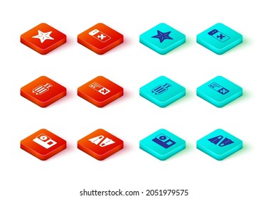 Set Action camera, Rubber flippers for swimming, Suitcase, Airline ticket,  and Starfish icon. Vector