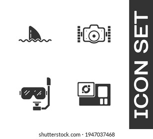 Set Action camera, Shark fin in ocean wave, Diving mask and snorkel and Photo icon. Vector