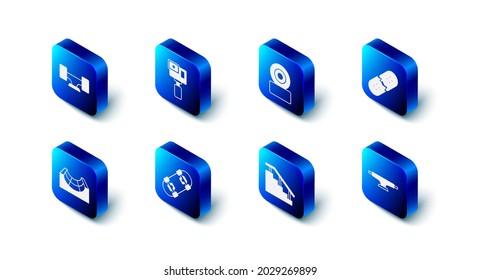 Set Action camera, Skateboard wheel, Broken skateboard deck, stairs with rail, park and  icon. Vector