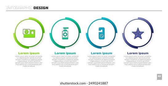Set Action camera, Sunscreen spray bottle, Please do not disturb and Starfish. Business infographic template. Vector