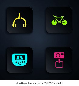 Set Action extreme camera, Bicycle brake calipers, Gps device with map and . Black square button. Vector