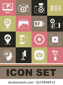 Set Action extreme camera, Camera focus frame line, Cinema, Photo, shutter, retouching and Battery for icon. Vector