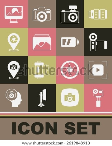 Set Action extreme camera, Camera focus frame line, Cinema, Photo, shutter, retouching and Battery for icon. Vector