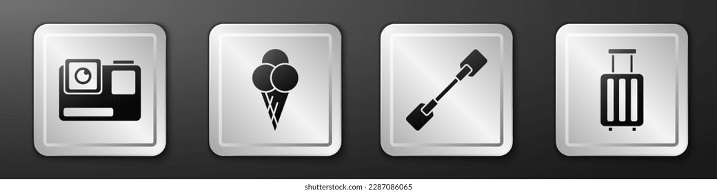 Set Action extreme camera, Ice cream in waffle cone, Paddle and Suitcase icon. Silver square button. Vector