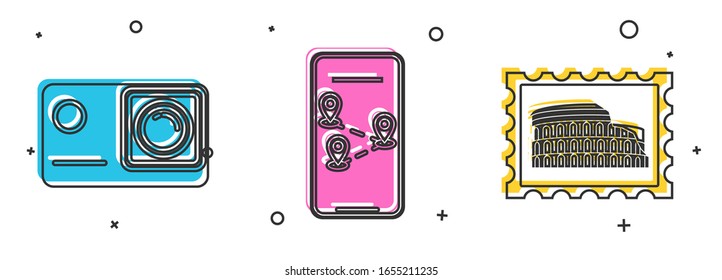 Set Action extreme camera, Infographic of city map navigation and Postal stamp and Coliseum icon. Vector
