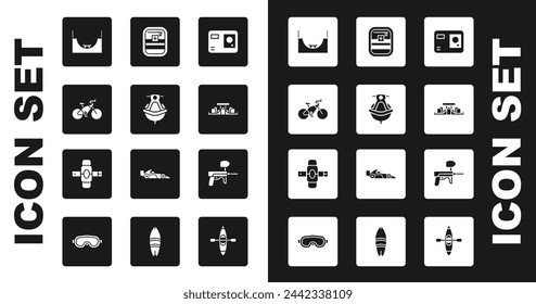 Set Action extreme camera, Jet ski, Bicycle, Skate park, Formula 1 racing car, First aid kit, Paintball gun and Knee pads icon. Vector