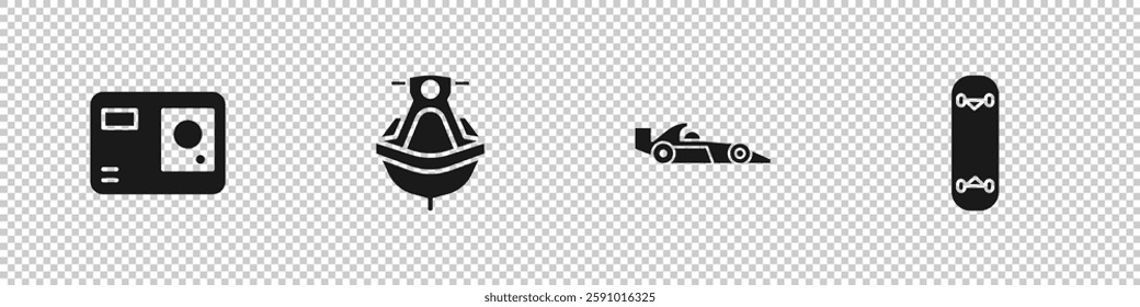 Set Action extreme camera, Jet ski, Formula 1 racing car and Skateboard trick icon. Vector